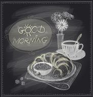 Breakfast chalkboard design with croissant and coffee