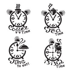clocks and different food drinks