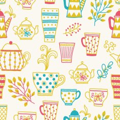 Seamless pattern with cups of tea glasses and teapots
