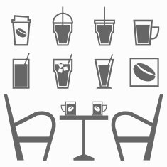 Set of drinks in coffee shop on white background