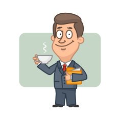 Character businessman holding cup of coffee