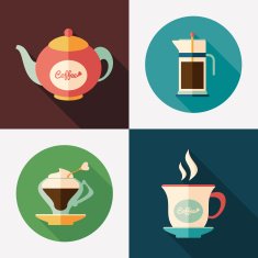 Coffee kettles with coffee cups flat square and round icons