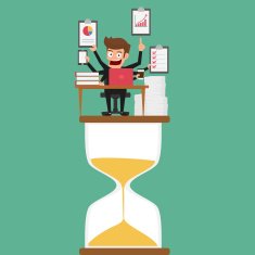 Businessman multitasking works on hourglass with more arms
