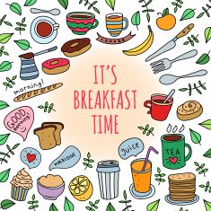 Breakfast food hand drawn coffee and tea cups