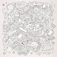 Fast food doodles elements background Vector sketchy illustrati