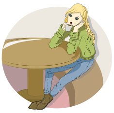 Woman drinks coffee in cafeteria