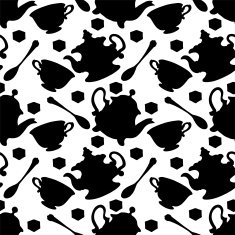 Seamless pattern with silhouettes cups teapots spoons sugar