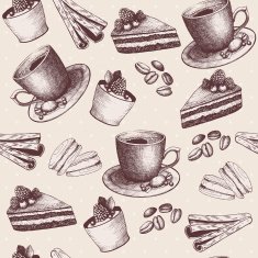 Seamless coffee background with hand drawn elements isolated on