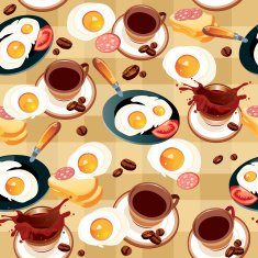 Seamless pattern with fried eggs and cups of coffee