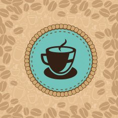 Vector coffee cup on blue label