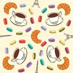 Seamless pattern with French macaroons croissants and black coffee