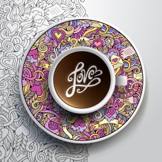 Cup of coffee and hand drawn love doodles