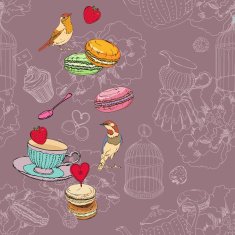 Seamless pattern with tea cage coffee pot cup jelly cherry N3
