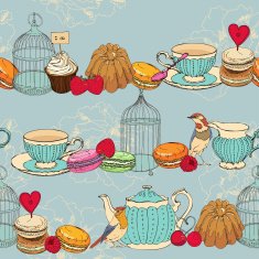 Seamless pattern with tea cage coffee pot cup jelly cherry N4