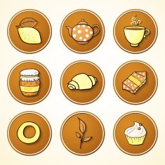 Set tea and sweets round icons