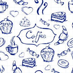Sketch seamless pattern with coffee and sweets Vector illustration