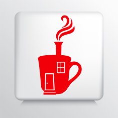 Square Icon with Red Steaming Coffee House Silhouette