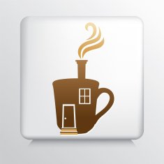 Square Icon with Brown Steaming Coffee House Silhouette