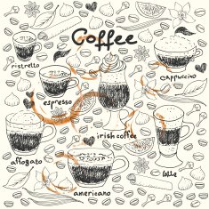 Vector coffee doodle set with cups spices and stains