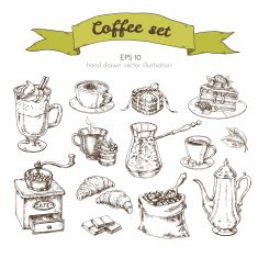 Vector Vintage hand drawn illustration set different types of coffee
