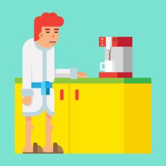 Waiting Morning Coffee Machine Male Sleepy Character Icon Flat Design