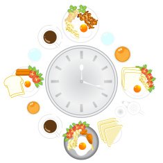 Clock with food and kitchen utensils meal time vector illustr N2