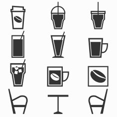 Coffee drinks icons in shop on white background