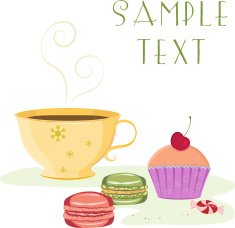 Vintage card featuring cup of tea cherry cupcake macaroons candy