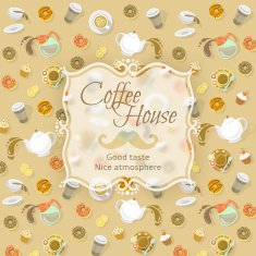Coffee shop label on food and drink background