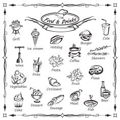 set of food and drinks