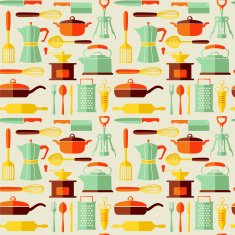 Seamless kitchen vector background with flat icons