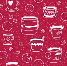 Seamless pattern with hand drawn cups cookies and sugar