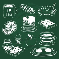 Breakfast icon set with various products drawn on chalkboard