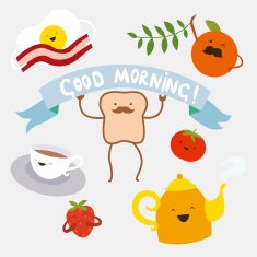 Good morning card with cartoon food characters