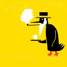 coffee cup pipe smoking penguin waiter character illustration