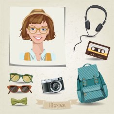 Icon set of hipster girl with her accessories