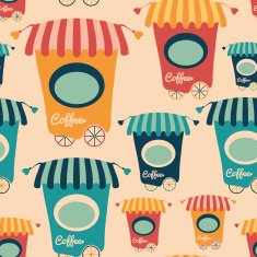 Seamless pattern with colorful coffee shops