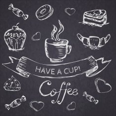 Sketch seamless pattern with coffee and sweets Vector hand-drawn illustration