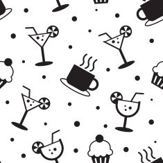 B&W Seamless Pattern Coffee Beverage and Cupcake