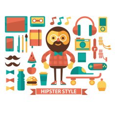Hipster and his stuff Icons character Flat design