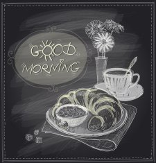 Breakfast chalkboard design with croissant and coffee