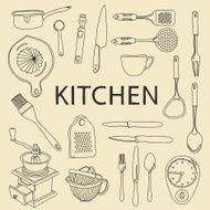 Vector hand drawn kitchen equipment and tableware