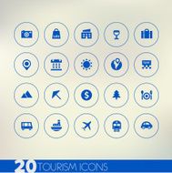 Thin simple tourism blue icons on light background