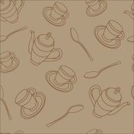 Beige Lineart Teapot Teacup on Saucer and Spoons Seamless Pattern