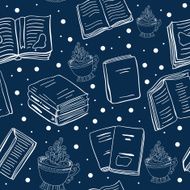 Blue seamless pattern with books and cups