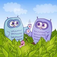 Two cute cartoon owls drinking coffee N2