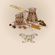 Illustration with vintage coffee turk copper and cups