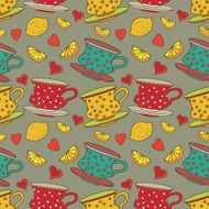 Vintage seamless pattern with cups lemons and hearts