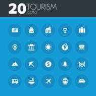 Tourism icons on round blue buttons