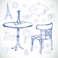 Hand drawn travel icons Vector sketch illustration Summer cafe